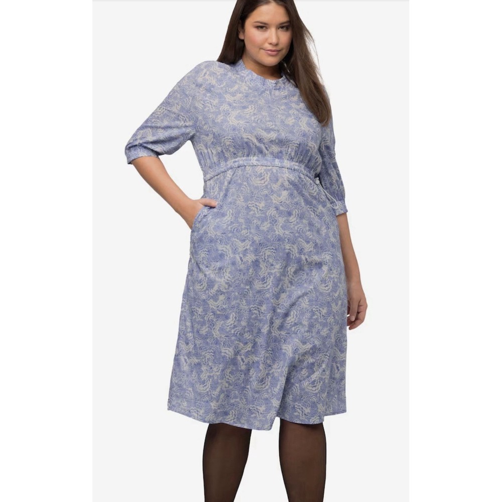 Pure By Ulla Popken Blue Floral Midi Dress 3/4 Sleeves Pockets Size 16/18